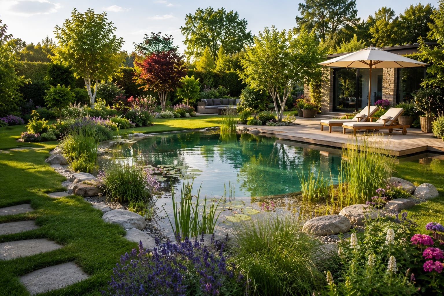 Gepflegter Garten mit Terrasse und Teich